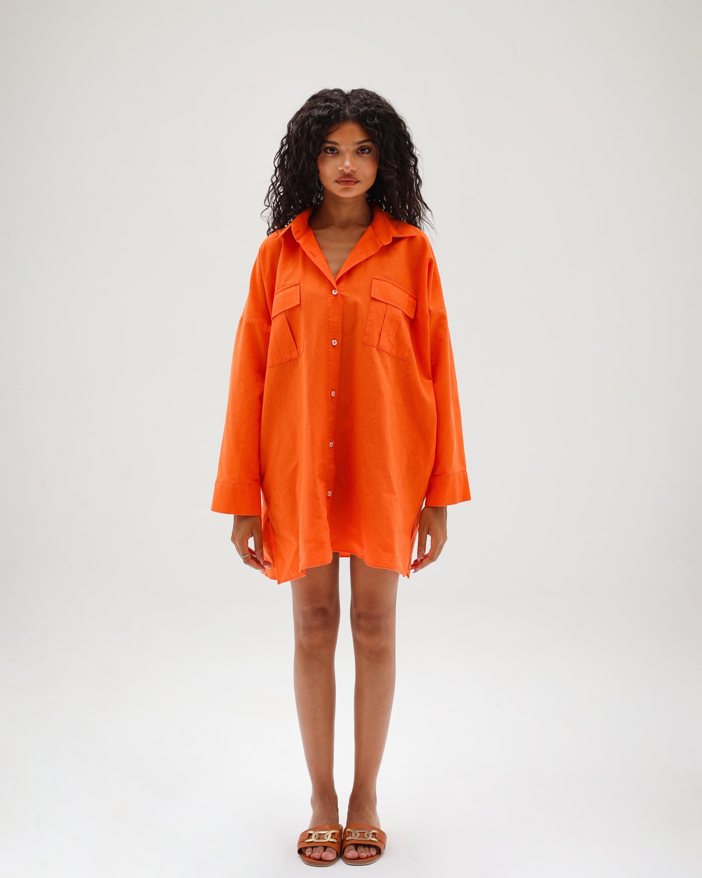 Orange Linen Shirt Dress