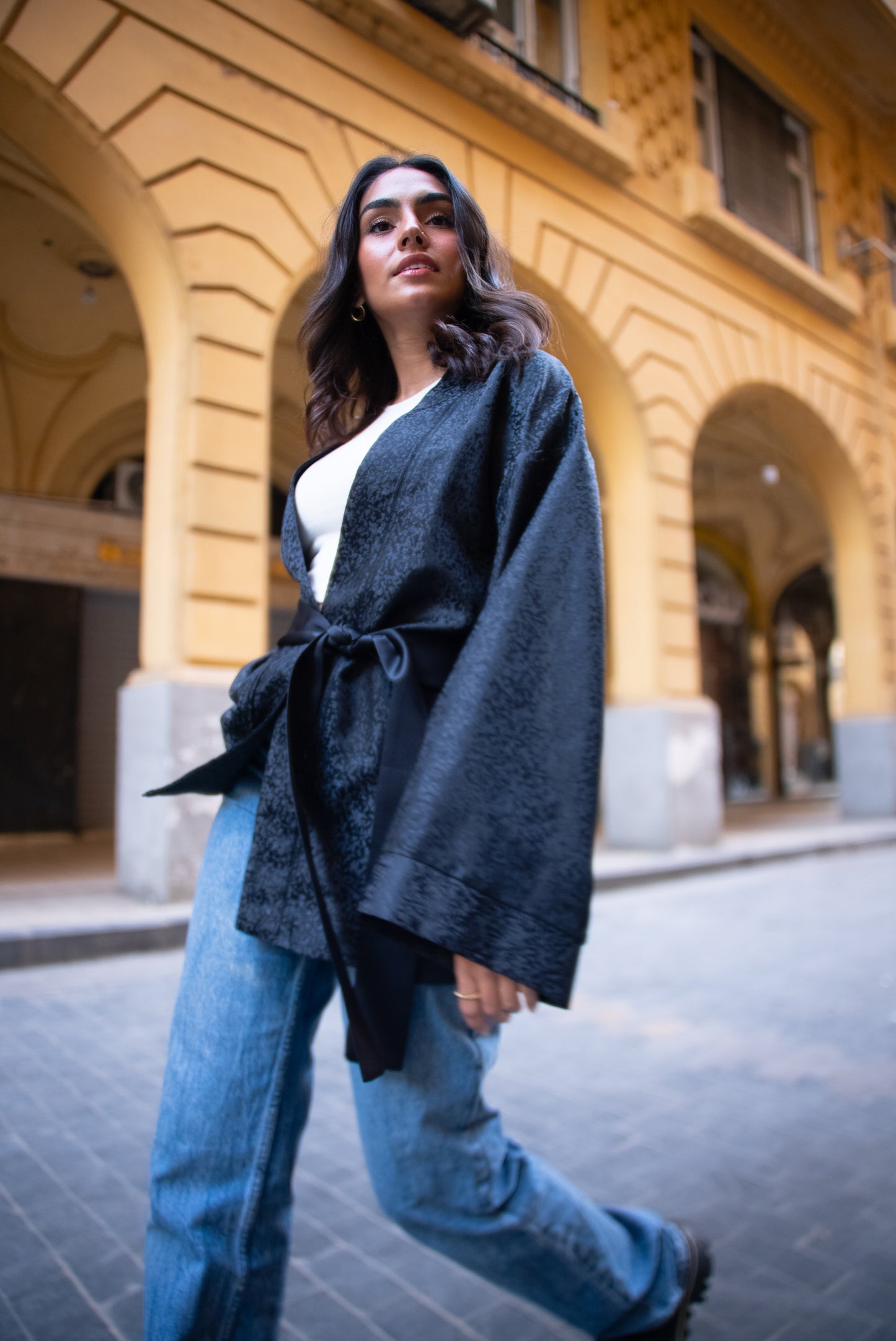 Black Patterned Satin Kimono