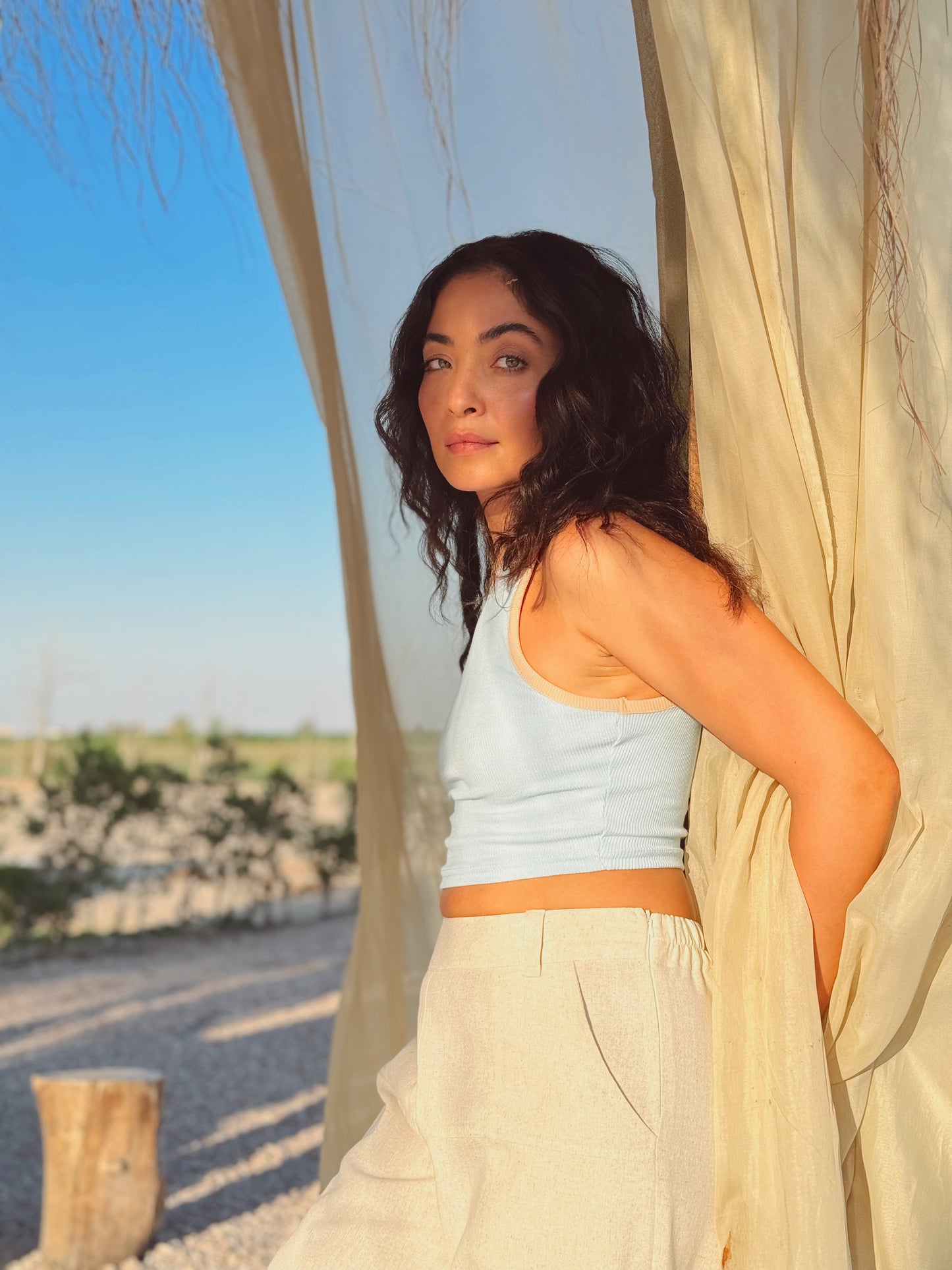 Baby Blue/Beige Ribbed Crop Top