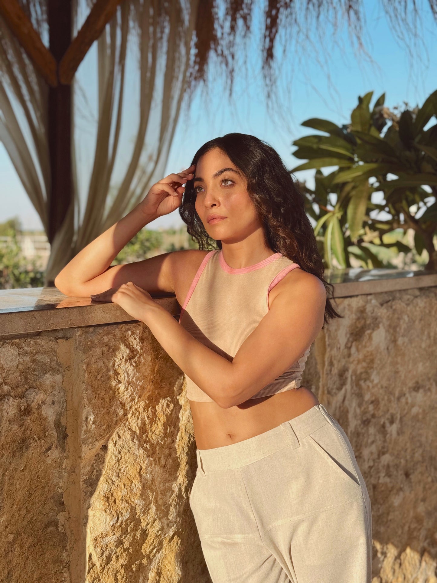 Beige/Pink Ribbed Crop Top