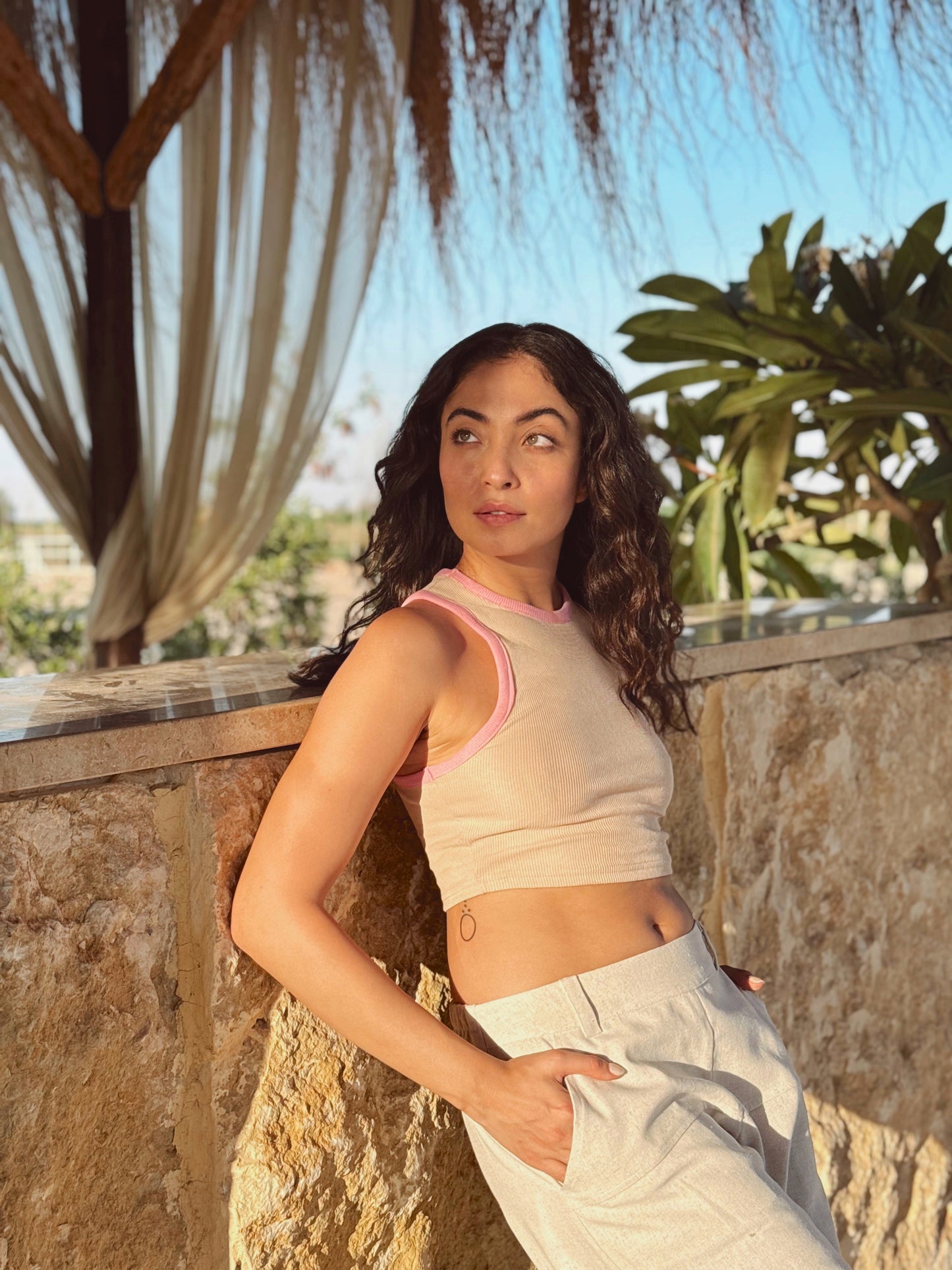 Beige/Pink Ribbed Crop Top