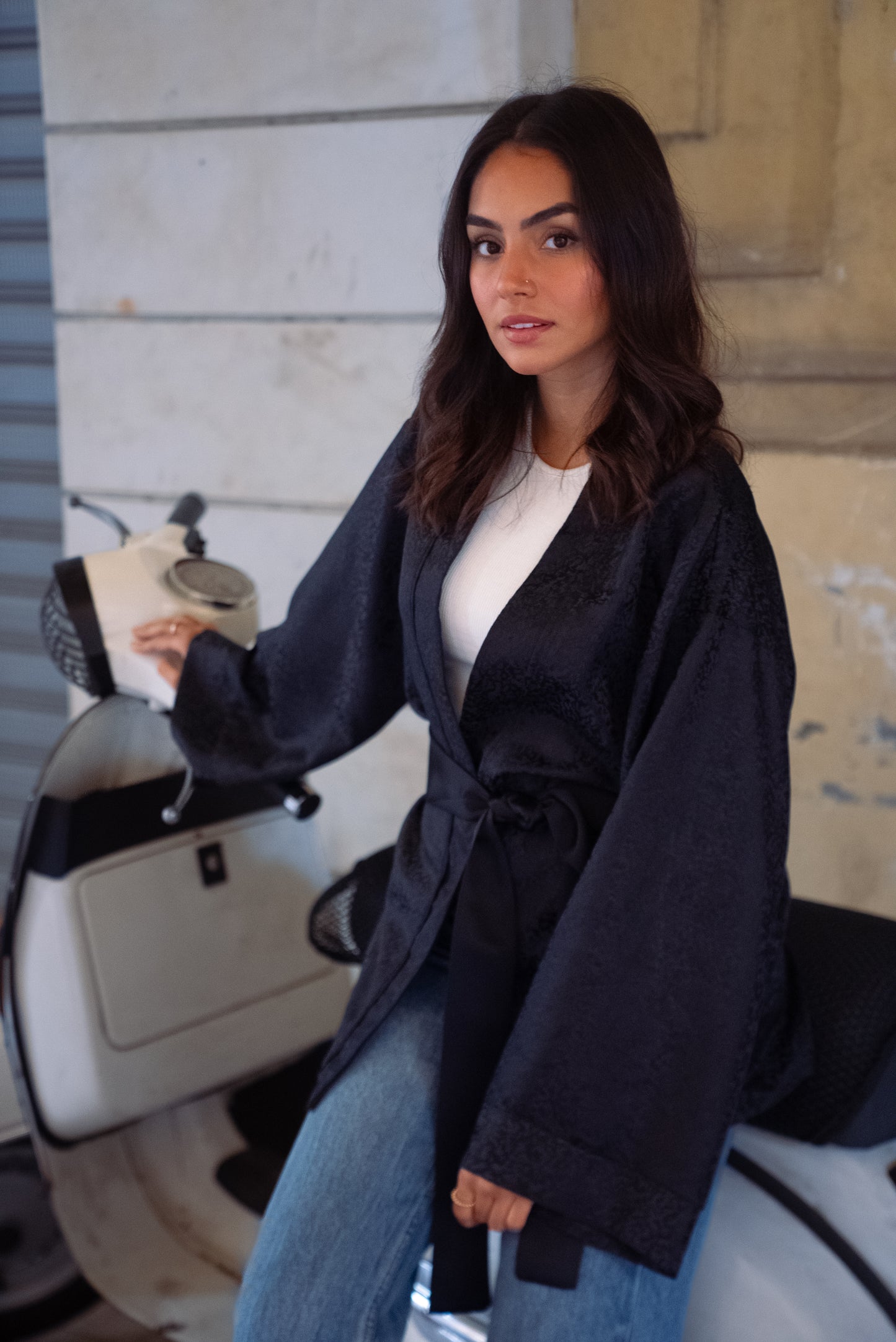 Black Patterned Satin Kimono