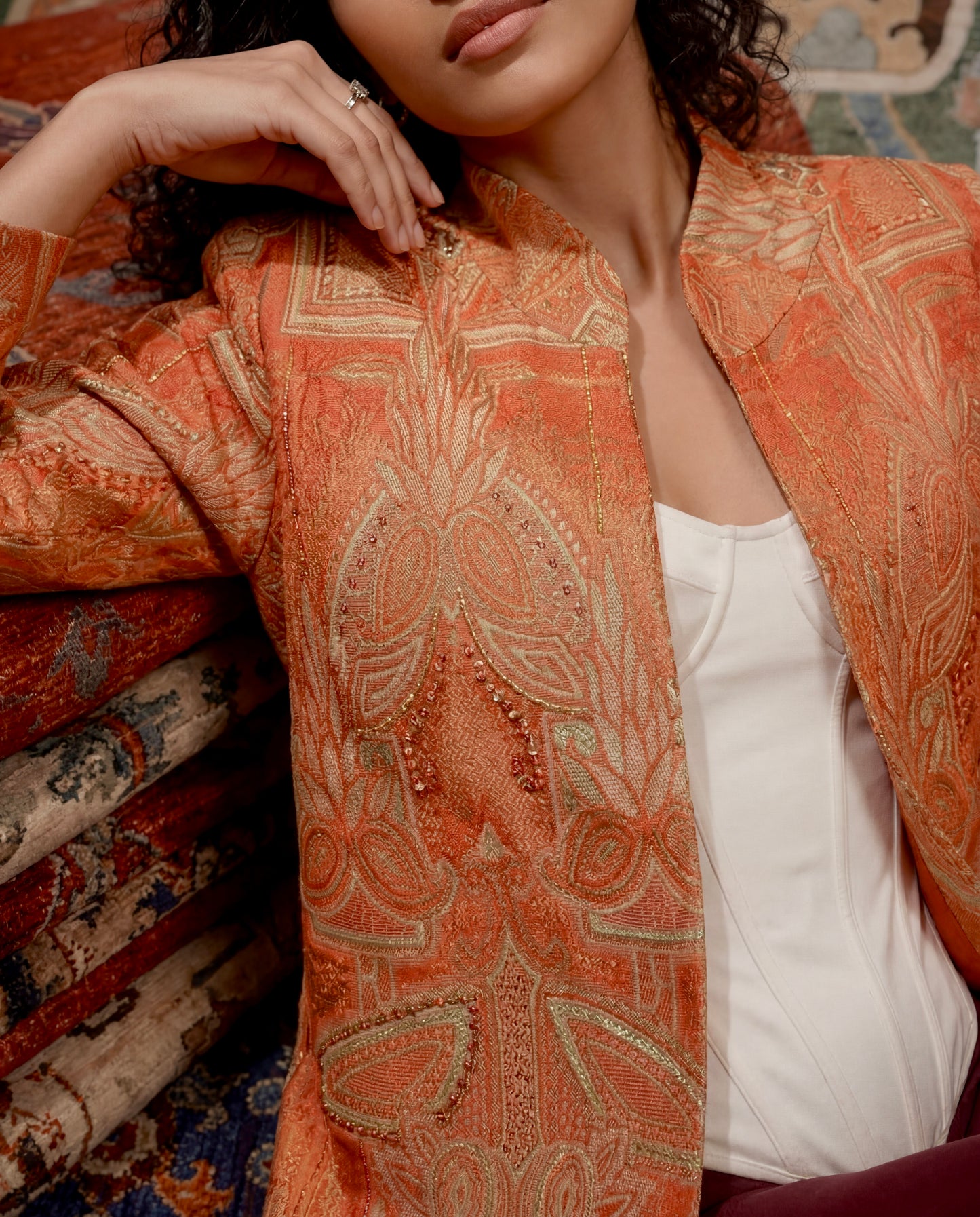 Coral beaded jacquard jacket