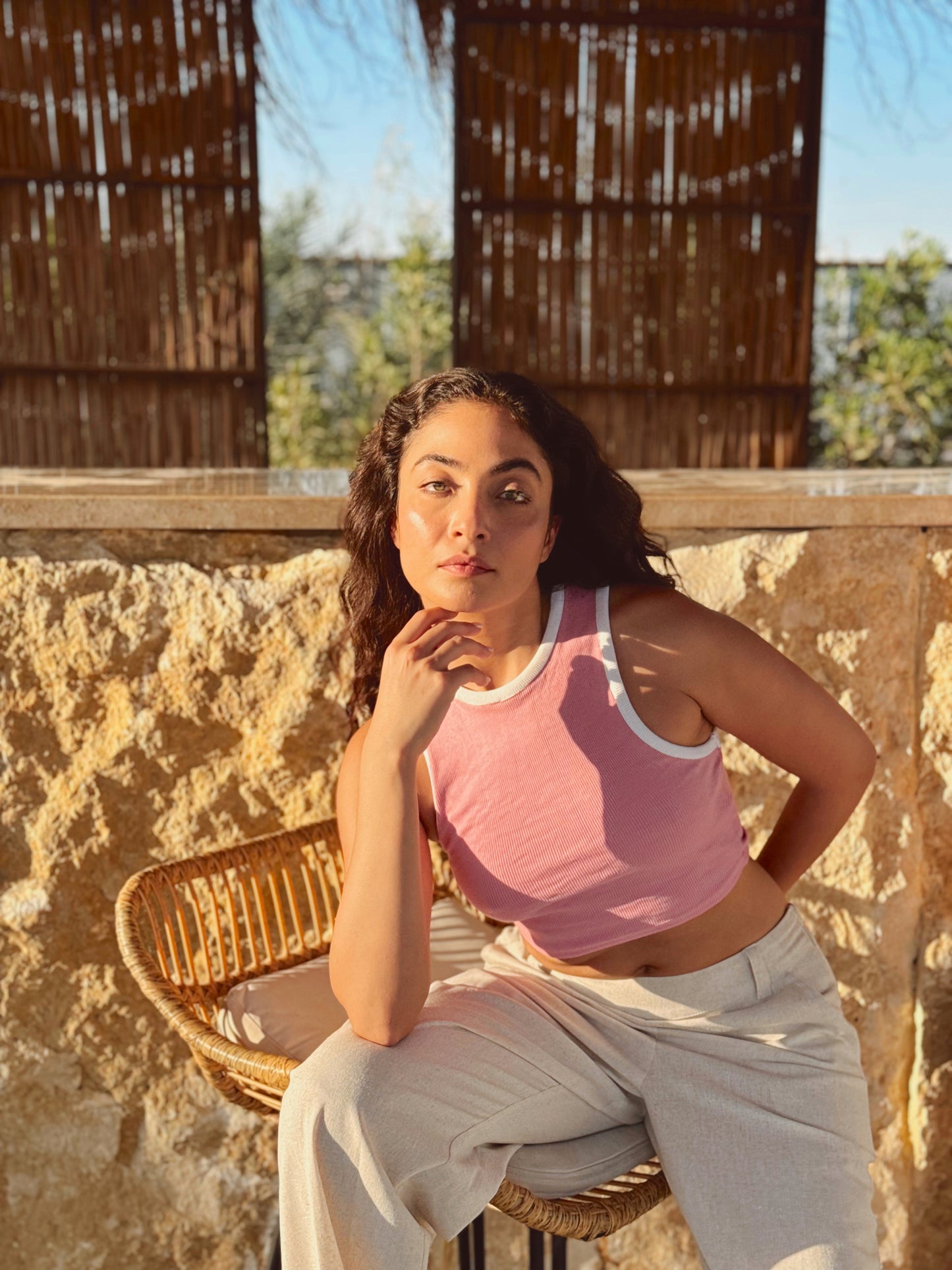 Pink/White Ribbed Crop Top