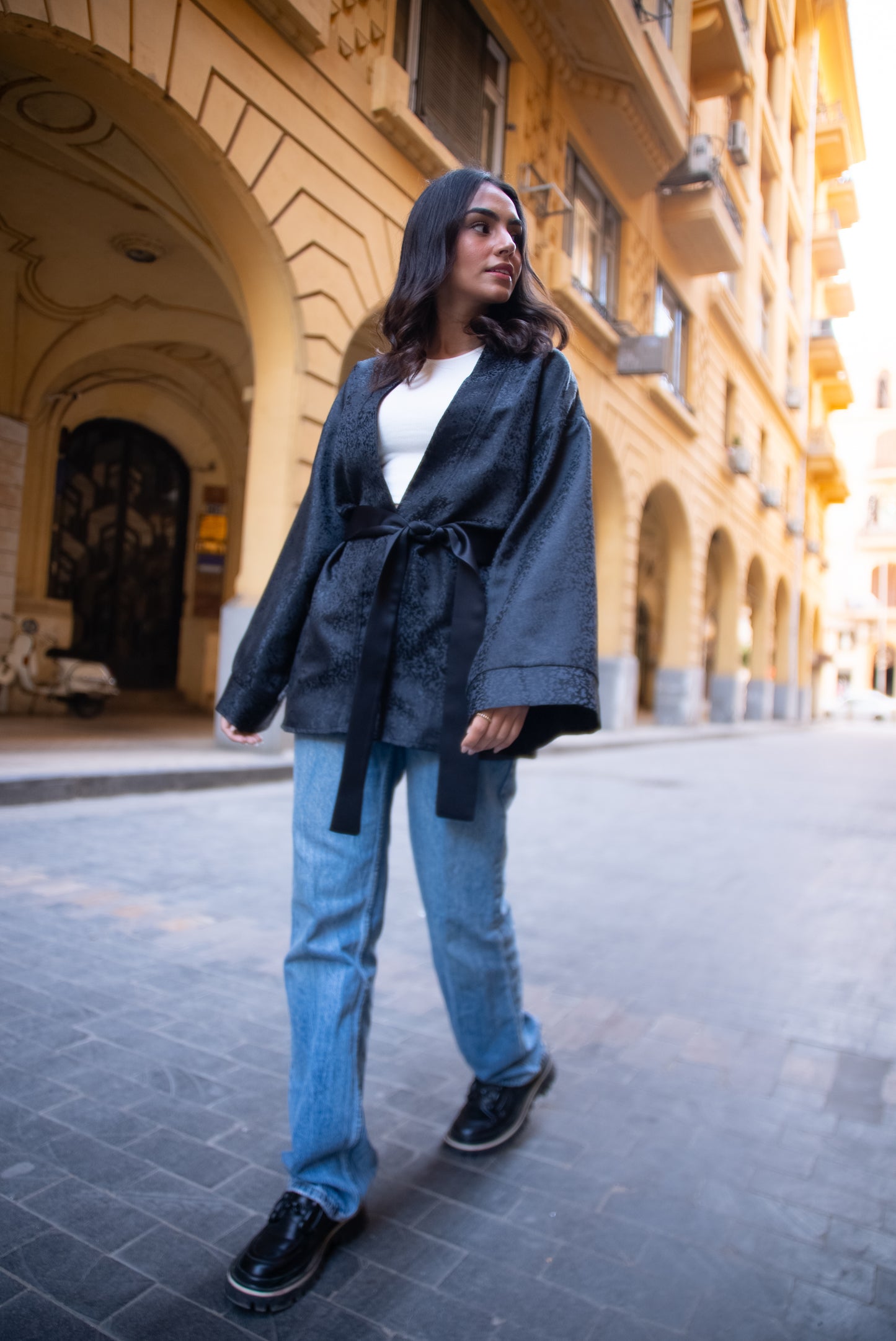 Black Patterned Satin Kimono