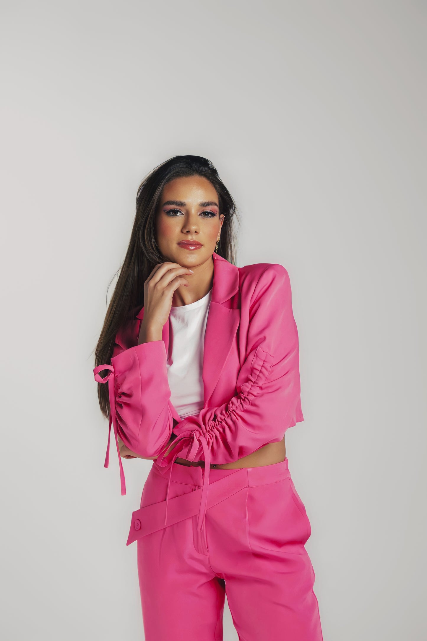 Drawstring Cropped Blazer In Pink