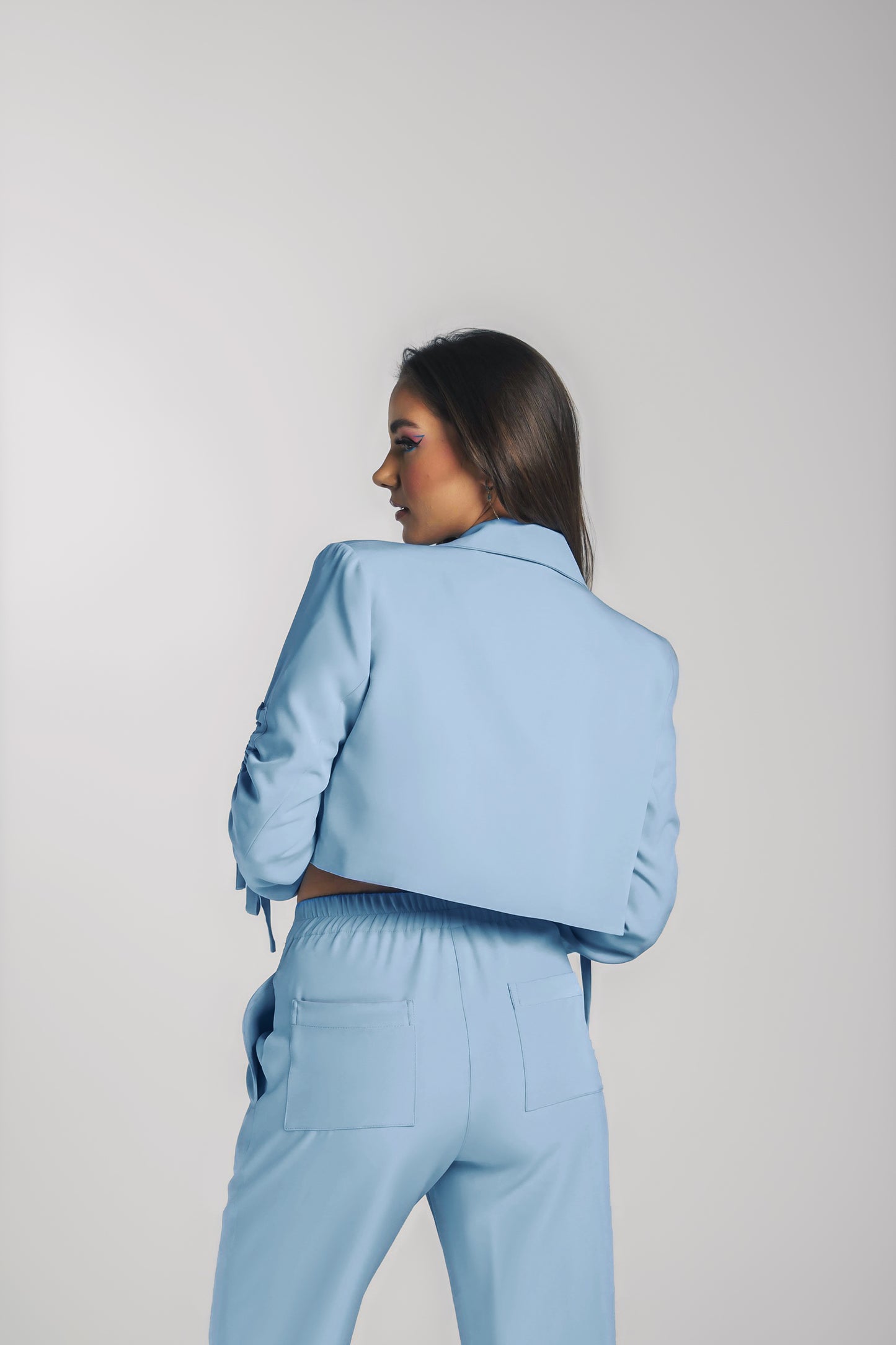 Drawstring Cropped Blazer in Baby Blue