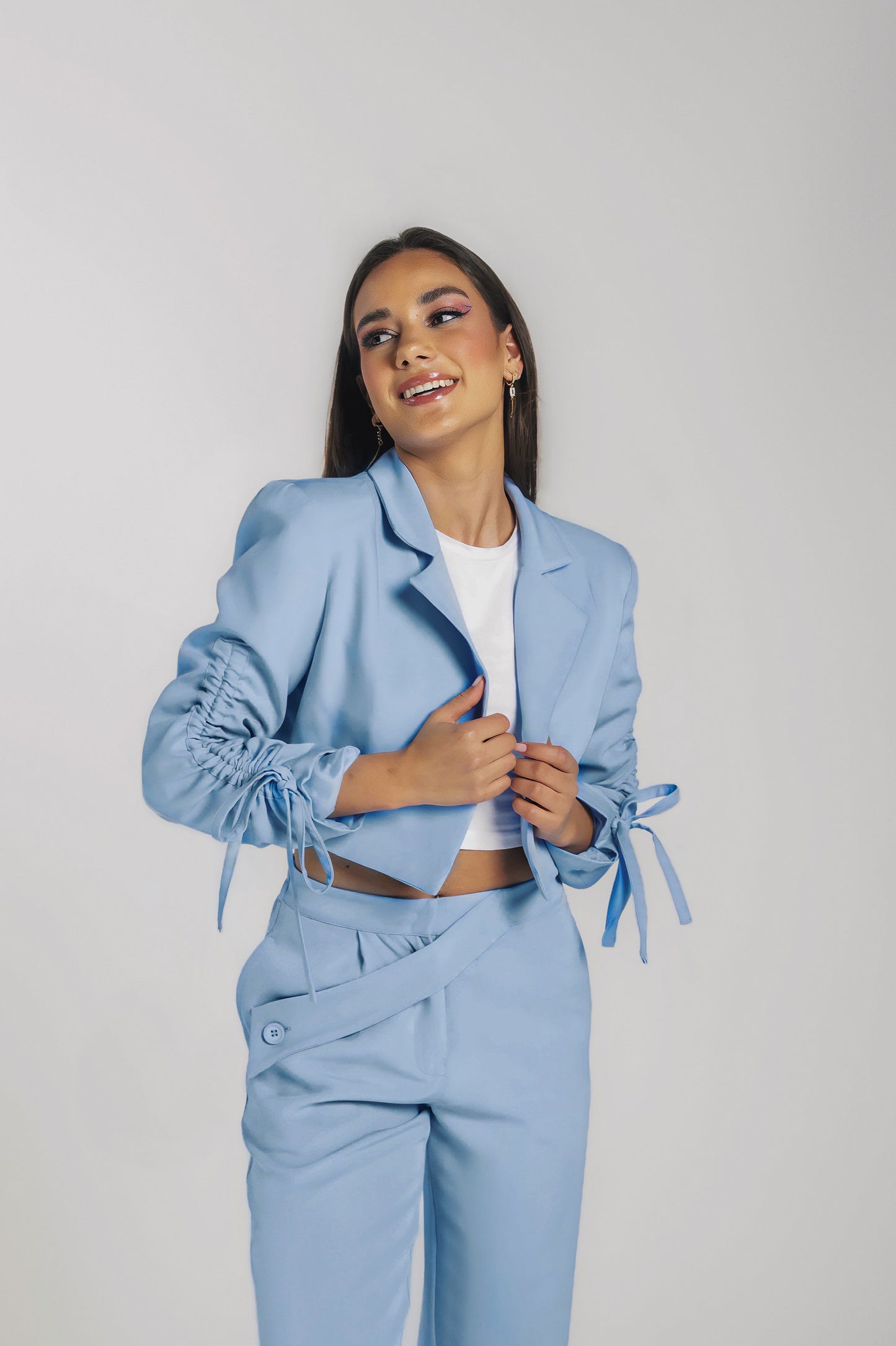 Drawstring Cropped Blazer in Baby Blue
