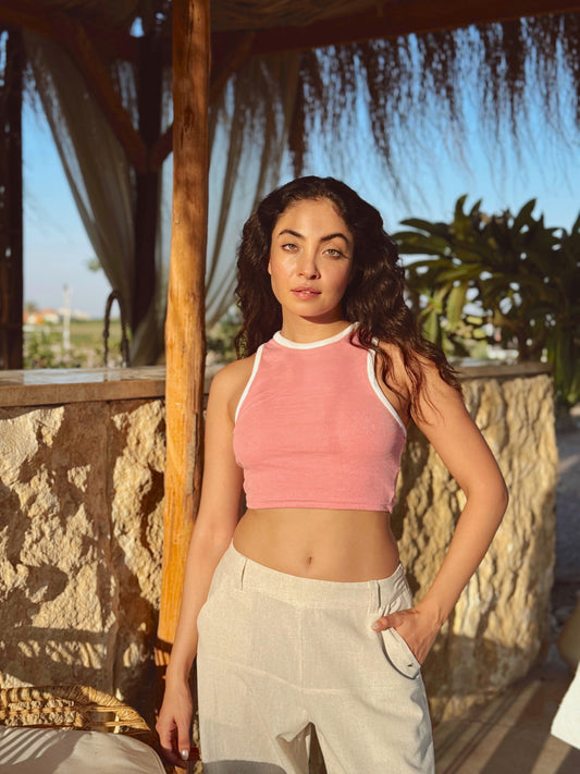 Pink/White Ribbed Crop Top