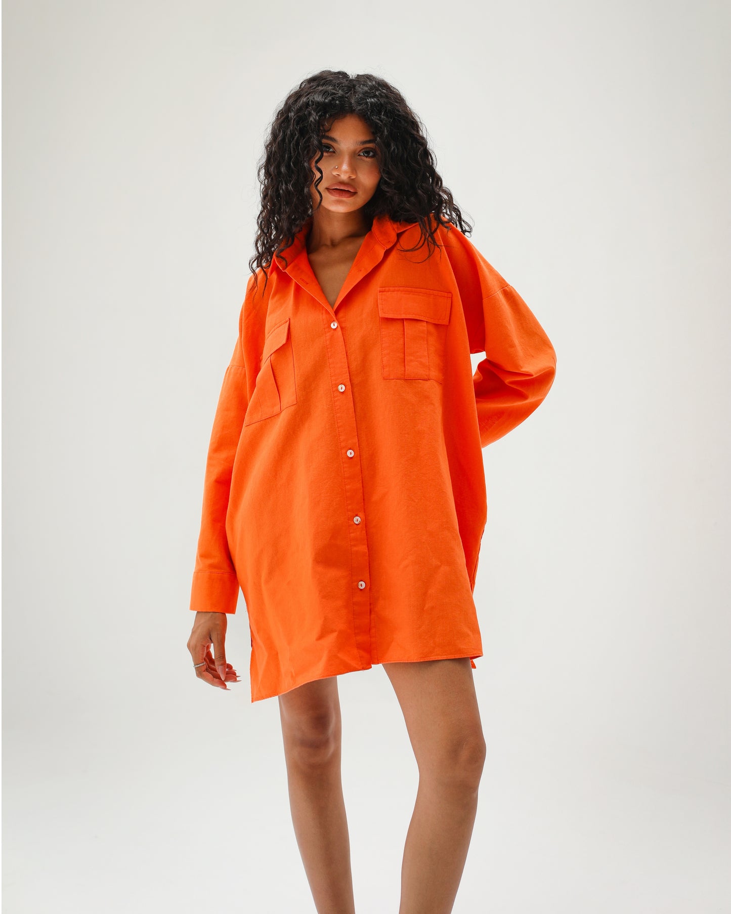 Orange Linen Shirt Dress