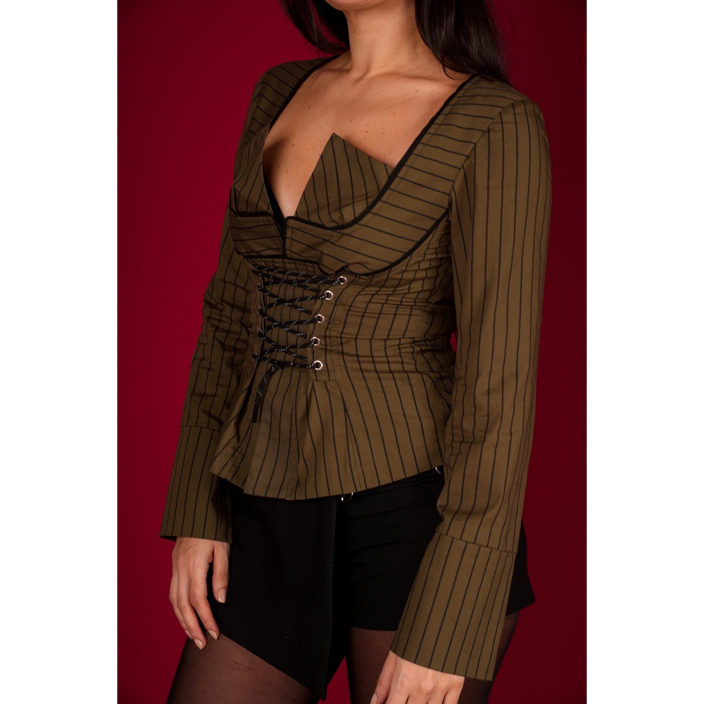 Office Siren Lace Up Shirt In Olive