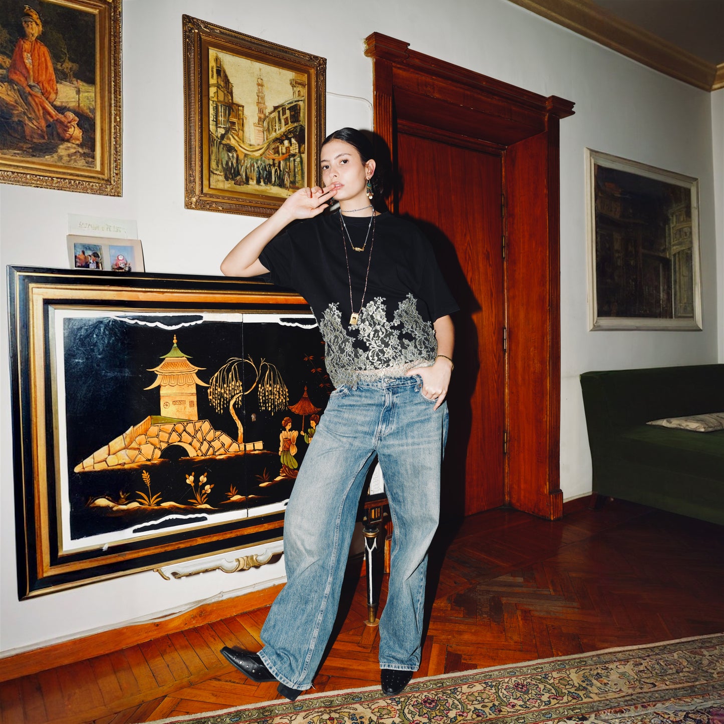 Hand-placed French Lace Oversized Tee