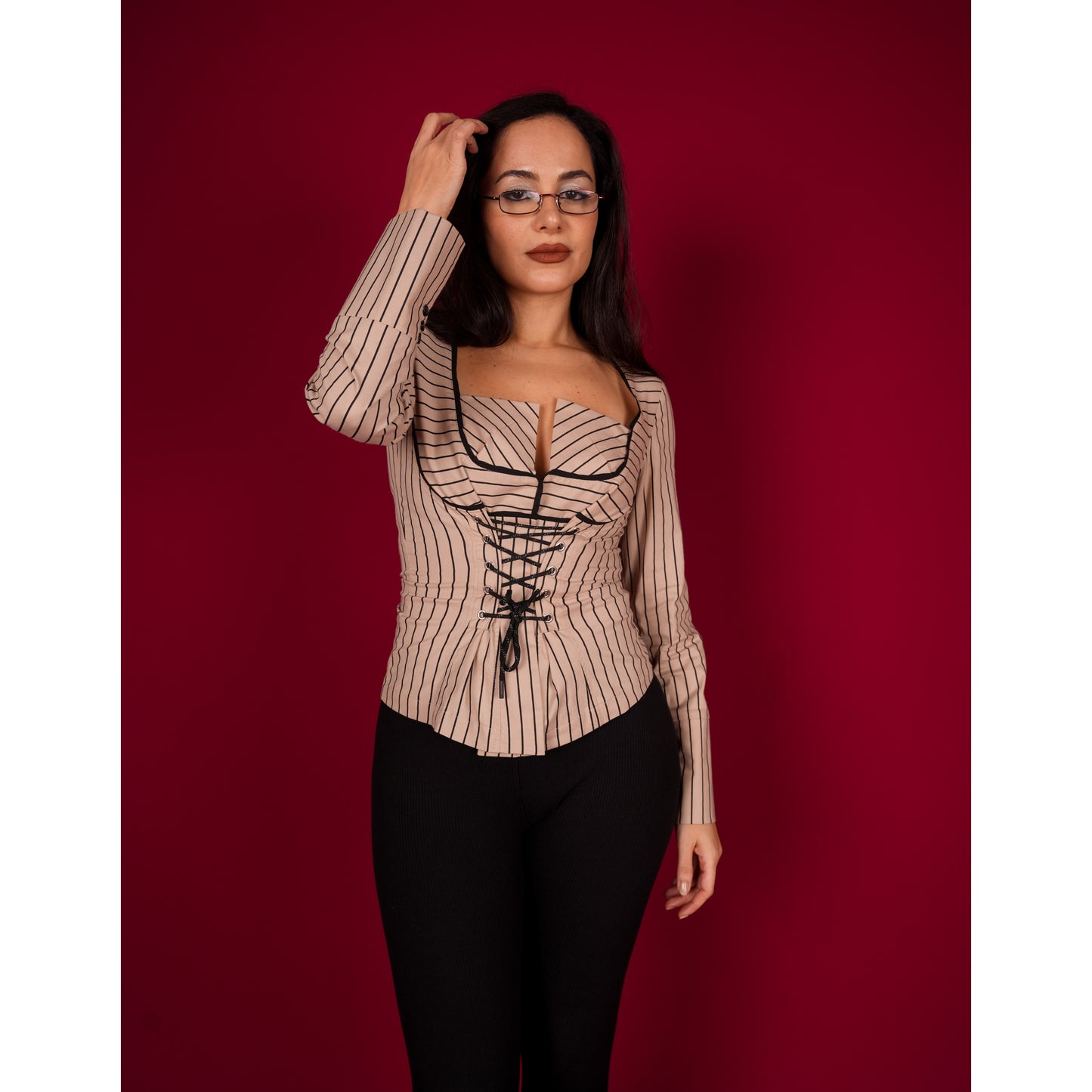 Office Siren Lace Up Shirt In Beige