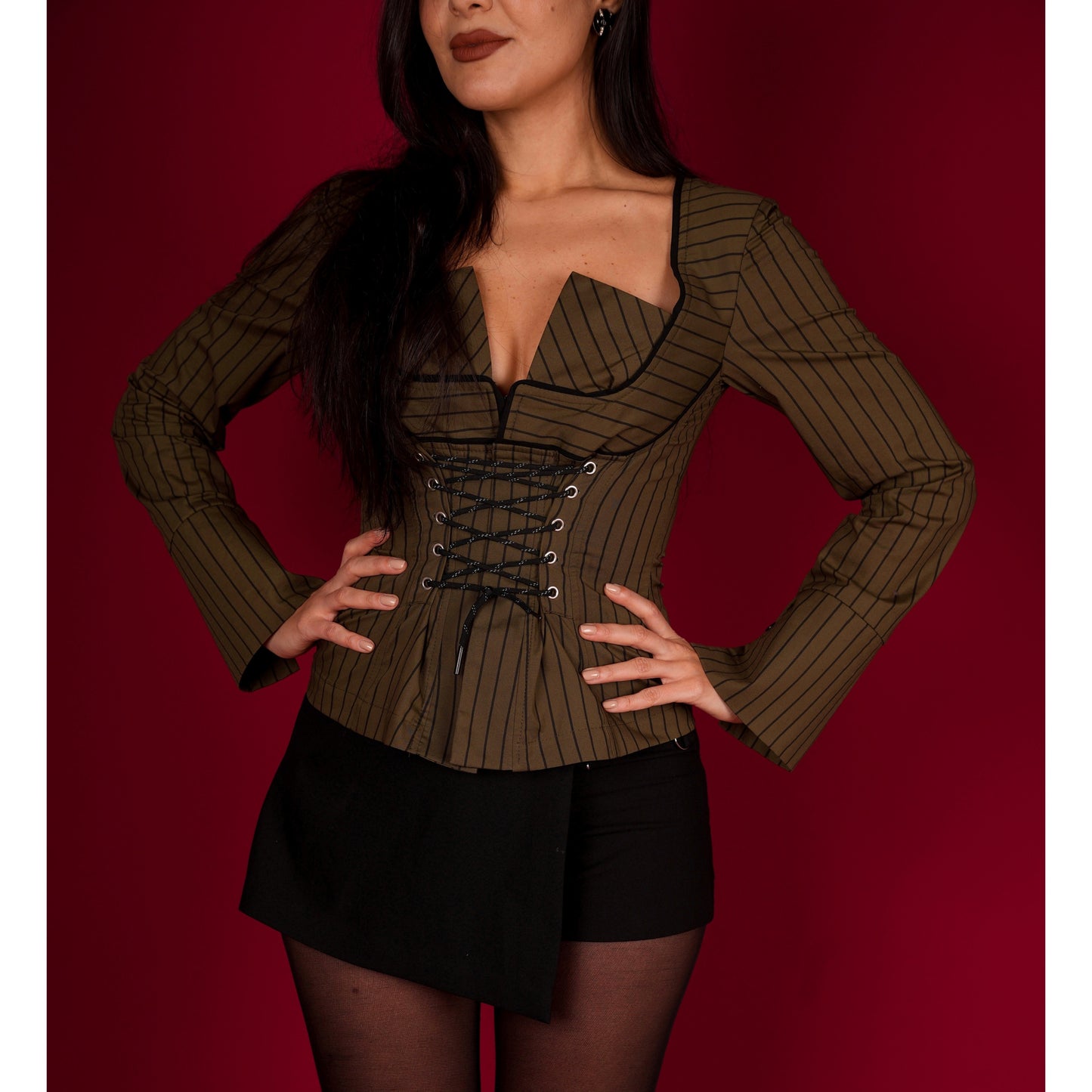 Office Siren Lace Up Shirt In Olive