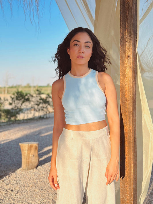 Baby Blue/Beige Ribbed Crop Top