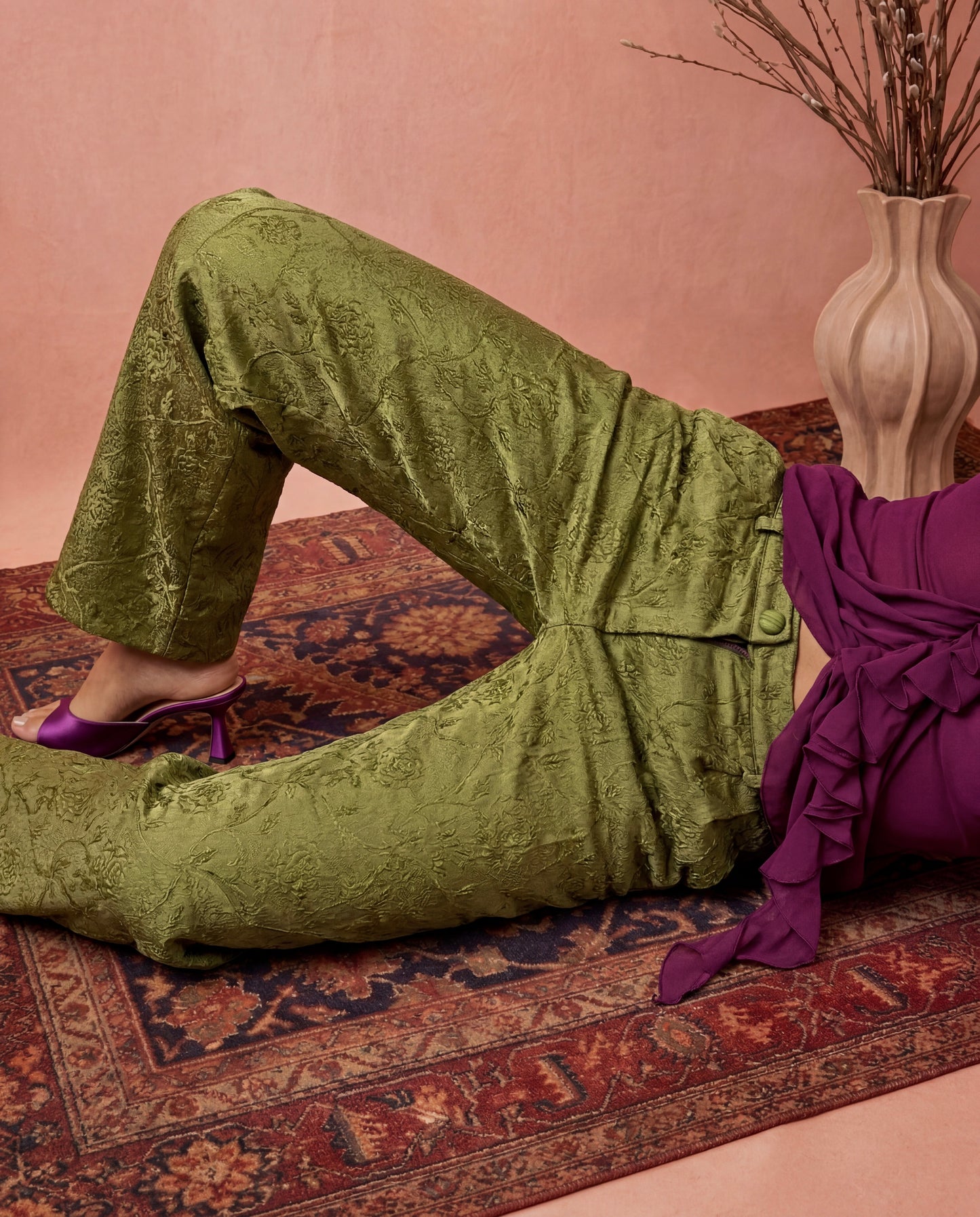 Olive floral jacquard pants